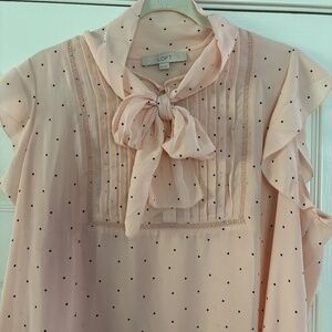 LOFT Pale Pink & Black Polka Dots Pleated Bow Tie Front Sleeveless Top XXL